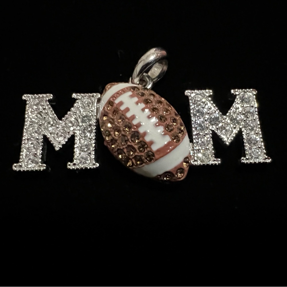 New MOM Silver Tone Crystal Embossed Pendant Clear & Brown Crystals, Football